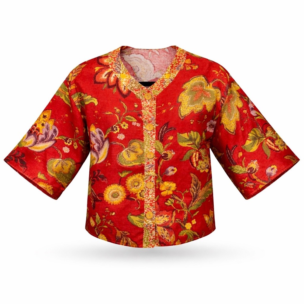 Handsewn Red Floral Linen Blend Button Down Boxy Kimono Top‎ 3/4 Sleeve Size L